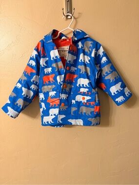 Hatley Blue Kids Raincoat with White, Gray & Orange Bear Print